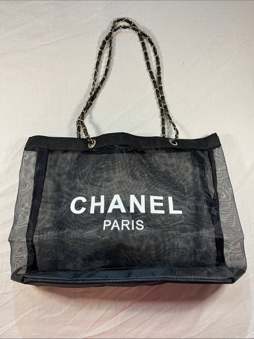 Black Mesh Tote with Chain-Trim Shoulder Straps Quiet Luxury Minimalist